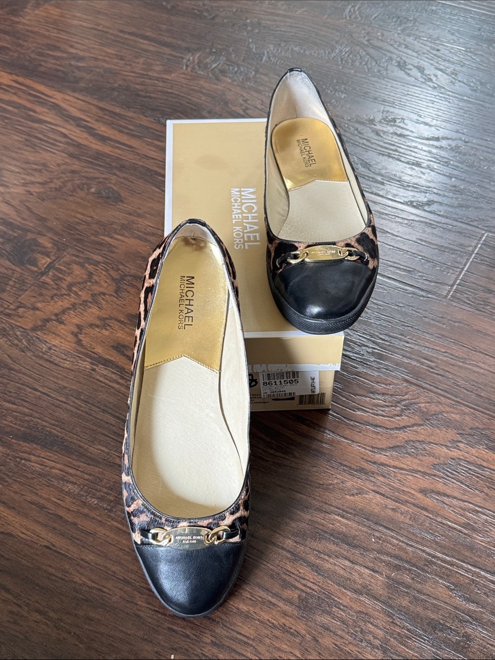 Michael Kors Black Leather Ballet Flats with Leopard Accents, In Original Box